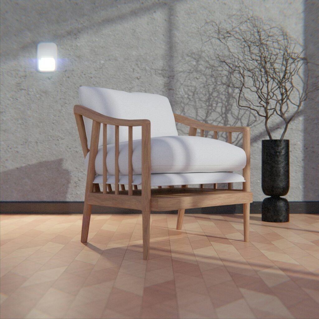 A wooden armchair with white cushions in a room.