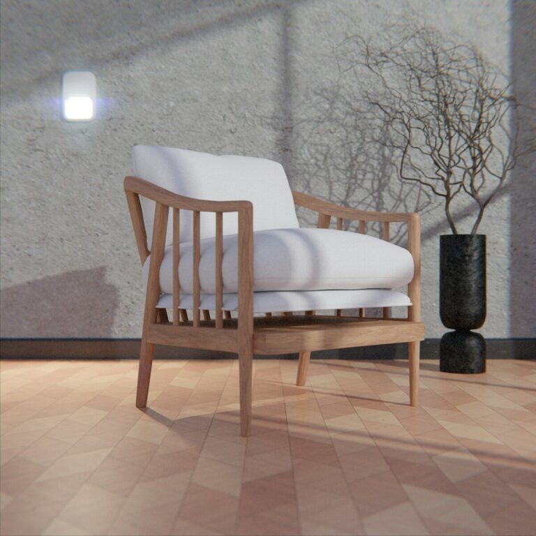 A wooden armchair with white cushions in a room.