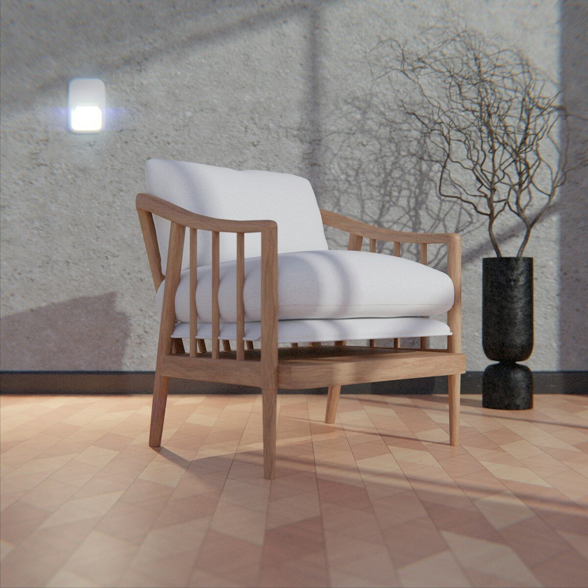 Photo by Puscas Adryan A wooden armchair with white cushions in a room.